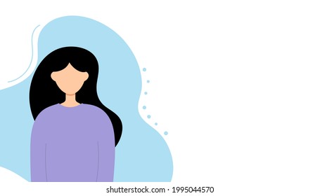 Diseño de carácter plano femenino. Vista de retrato frontal con fondo azul y blanco. Ilustración vectorial.