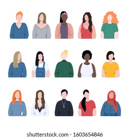 Woman flat icons set. People diversity hand drawn cartoon avatars.