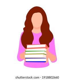 Woman flat illustration with books colorful cartoon isolated on white icon