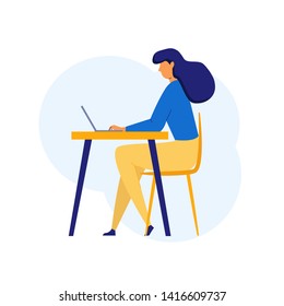 Woman in flat style sitting at the table using computer, laptop in the Workplace. Freelancer woman concept. Female student studying