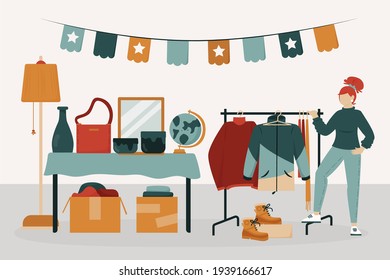 Woman At Flea Market Selling Products Indoors Vector Illustration.