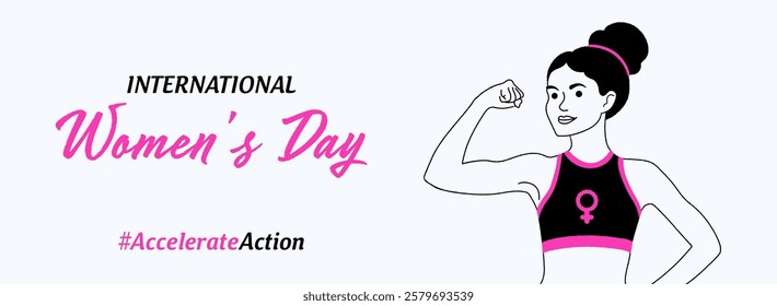 A woman with a flexed arm symbolizes strength: International Women's Day, #AccelerateAction. The crayon vector hand-drawn banner in pink and black colors highlights a female campaign. March 8. IWD.