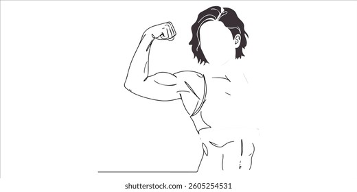 woman flexing arm muscles single line art drawing sketch on white background