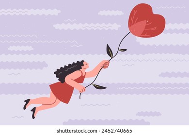 Woman flies in heart shaped hot air balloon, experiencing joy and euphoria after receiving declaration of love from boyfriend. Girl hovering in sky, for concept heart disease problems