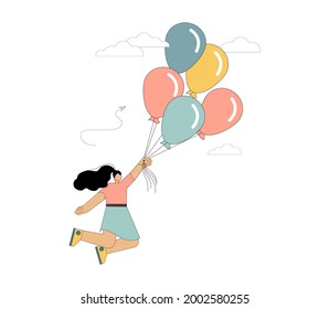 Woman flies on balloons. Flight to the dream. Vector illustration isolated on white background.