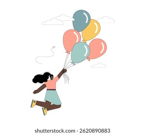 Woman flies on balloons. Flight to the dream