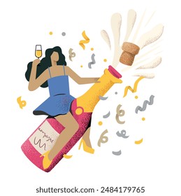 Woman flies on bottle of champagne. Alcohol for celebration party.