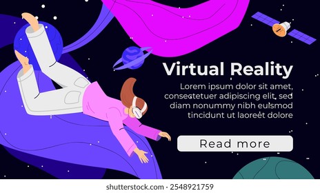 Woman flies in outer space with planets and stars in VR headset and futuristic glasses interacting and exploring a virtual world. Metaverse digital virtual reality. Concept of future innovations.