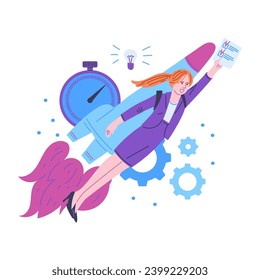 Woman flies up with the rocket, cartoon vector illustration isolated on white background. Productivity design concept, young female worker growing up in career. Female character in business.