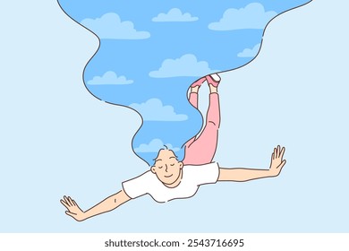 Woman flies in sleep, spreading arms to sides and turning into bird from fantastic fairy tales. Girl with oblokam instead of long hair flies in dream, seeing positive dream that improves mood