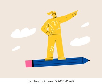 Woman flies to success on a pencil. Colorful vector illustration
