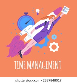 Woman flies upward on a rocket. Vector effective time management and productivity workflow poster. Business achievement, success strategy. Checklist done or moving up the career ladder