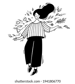 Woman fling and dansing with leafs and flowers. Hand drawn line  vector stock illustration. Inspiration spring concept.