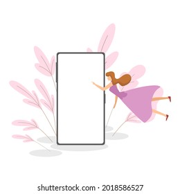 Woman float in front of big smartphone free space.flat design.Isolated on white background.Vector illustration about use technology.