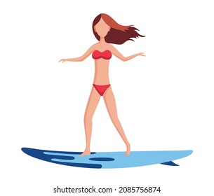 Woman float. Fun female character. Young lady swimming on surfboard. Summertime flat cartoon illustration