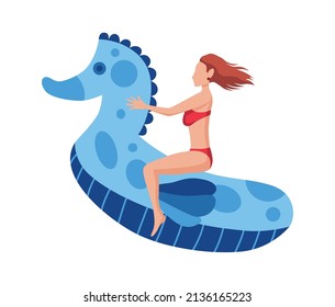 Woman float on air mattress. Fun female character. Young lady swimming on inflatable ring in the shape of a seahorse. Summertime flat cartoon illustration