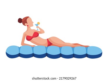 Woman float on air mattress. Fun female character. Young lady swimming and rest, resting, relaxing. Summertime flat cartoon illustration