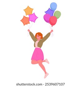 Woman floating with air balloons. Cartoon girl with colorful helium balloons in hands flat vector illustration. Cheerful female character jumping with balloons