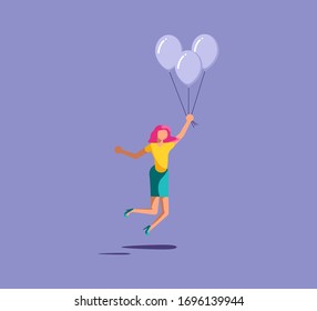 Woman floating away on balloons. Metaphor of success and innovation as escaping from crisis and contingency. Isolated on purple. Flat Art Vector Illustration