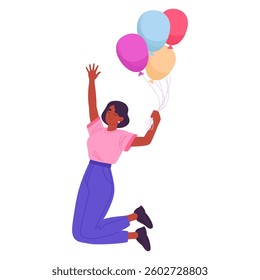 Woman floating with colorful helium balloons. Girl jumping with air balloons in hands flat vector illustration. Cartoon happy female character jumping with balloons
