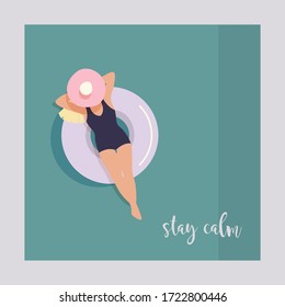 Woman floating on air mattress in swimming pool. Women relaxing and sunbathing on inflatable ring. Vector Illustration. Greeting card.