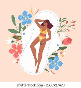 Woman Floating On A Big Sanitary Pad With Flowers And Leaves Around. Menstrual Period Concept, Menstruation, PMS, Premenstrual Syndrome. Female Leading Active Life During Menstruation.