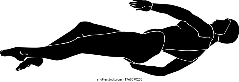 Una mujer está flotando en su espalda. Deporte. Nadador. Crawl por la espalda. Imagen aislada de silueta monocroma vectorial.