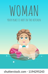 Woman floating on inflatable donut ring. Vector illustration. Cartoon style. 