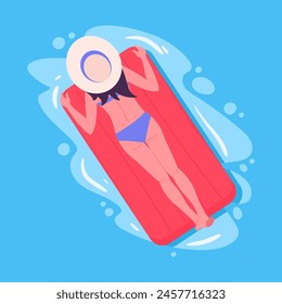 Woman floating on inflatable mattress. Girl swimming and relaxing on rubber mattress in swimming pool flat vector illustration. Cartoon female character relaxing in pool