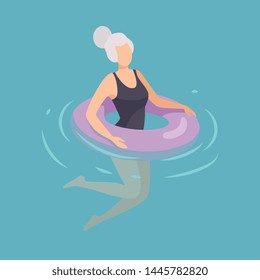 Woman Floating on Inflatable Ring, Woman in Black Swimsuit Relaxing in the Sea, Ocean or Swimming Pool at Summer Vacation Vector Illustration