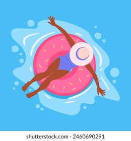 Woman floating on rubber ring. Girl swimming and relaxing on inflatable toy in swimming pool flat vector illustration. Cartoon female character relaxing in pool