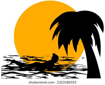 woman floating on a surfboard in the ocean with palm tree and large sun 