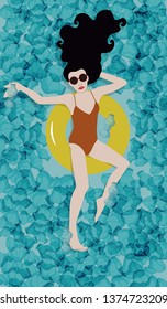 Woman floating in plastic bottles background