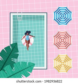 woman floating in pool airview scene
