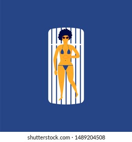 Woman floating relaxing on the air mattress top view in the swimming pool vector flat design illustration.