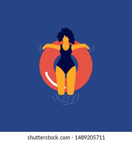Woman floating relaxing on the red rubber ring top view in the swimming pool vector flat design illustration.
