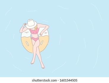 Woman floating relaxing on the yellow rubber ring top view in the swimming pool.vector illustration.