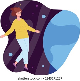 Woman floating in space. Dreaming person. Human imagination isolated on white background