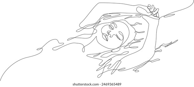 Woman floating in water, taking spa bath continuous one line drawing. Concept of beauty treatments, self care, sensory deprivation. Vector illustration. Editable stroke.