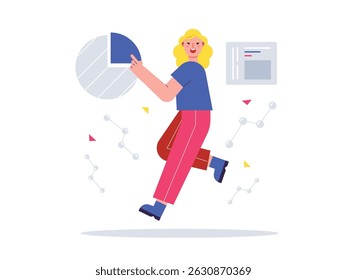 Mulher flutuando enquanto olha para o organograma, analisando dados. Design de caracteres. Ilustração em plano vetorial