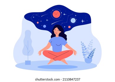 Woman floating in zen yoga pose. Happy person meditating with calm universe above head flat vector illustration. Harmony, balance, concentration concept for banner, website design or landing web page