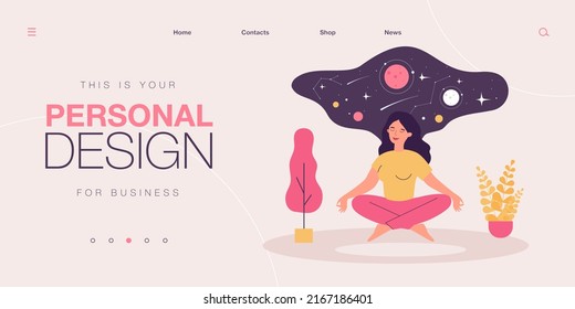 Woman floating in zen yoga pose. Happy person meditating with calm universe above head flat vector illustration. Harmony, balance, concentration concept for banner, website design or landing web page