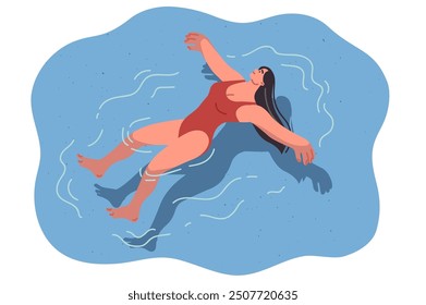 Woman floats on back in pool, enjoying water treatments that improve mood and relax body in summer weather. Girl leads active lifestyle visiting pool or swimming in ocean at seaside resort