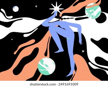 
A woman floats in space. A vector metauniverse and a new network for characters. Future innovation and communication concept. Entertainment and visual experience technology.
