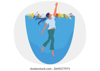 Woman floats in water among pile of garbage, suffering due to ocean pollution causing disruption to ecosystem. Ocean pollution needs fixing to combat climate change and microplastic poisoning animals