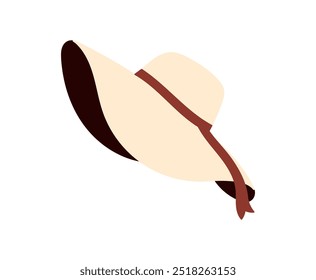 Woman floppy hat with wide brim decorated with ribbon, straw hat for womens, hat with ribbon and bow, womens sun headwear with brims, female head wear on white background flat vector illustration