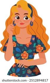 Woman with floral dress and wavy hair