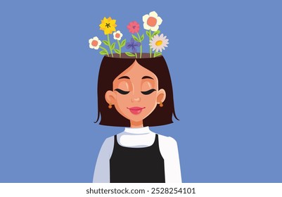 
Mujer con pensamientos florales positivos Trae dibujos animados de Vector positivo. Niña sonriente feliz sintiéndose optimista y llena de positividad 
