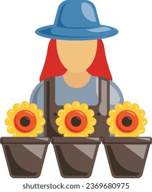 Blumenkonzept der Frau, Blumendesigner, Vektorsymbol für die Vektorgrafik, Symbol für Rasenflächen und Gartenbau, Zeichen für Landwirtschaft und Gartenbau, Stockillustration