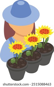 woman floriculture isometric concept, Floral designers vector icon design, Lawn and Gardening symbol, Farm and Plant sign, agriculture and horticulture equipment stock illustration